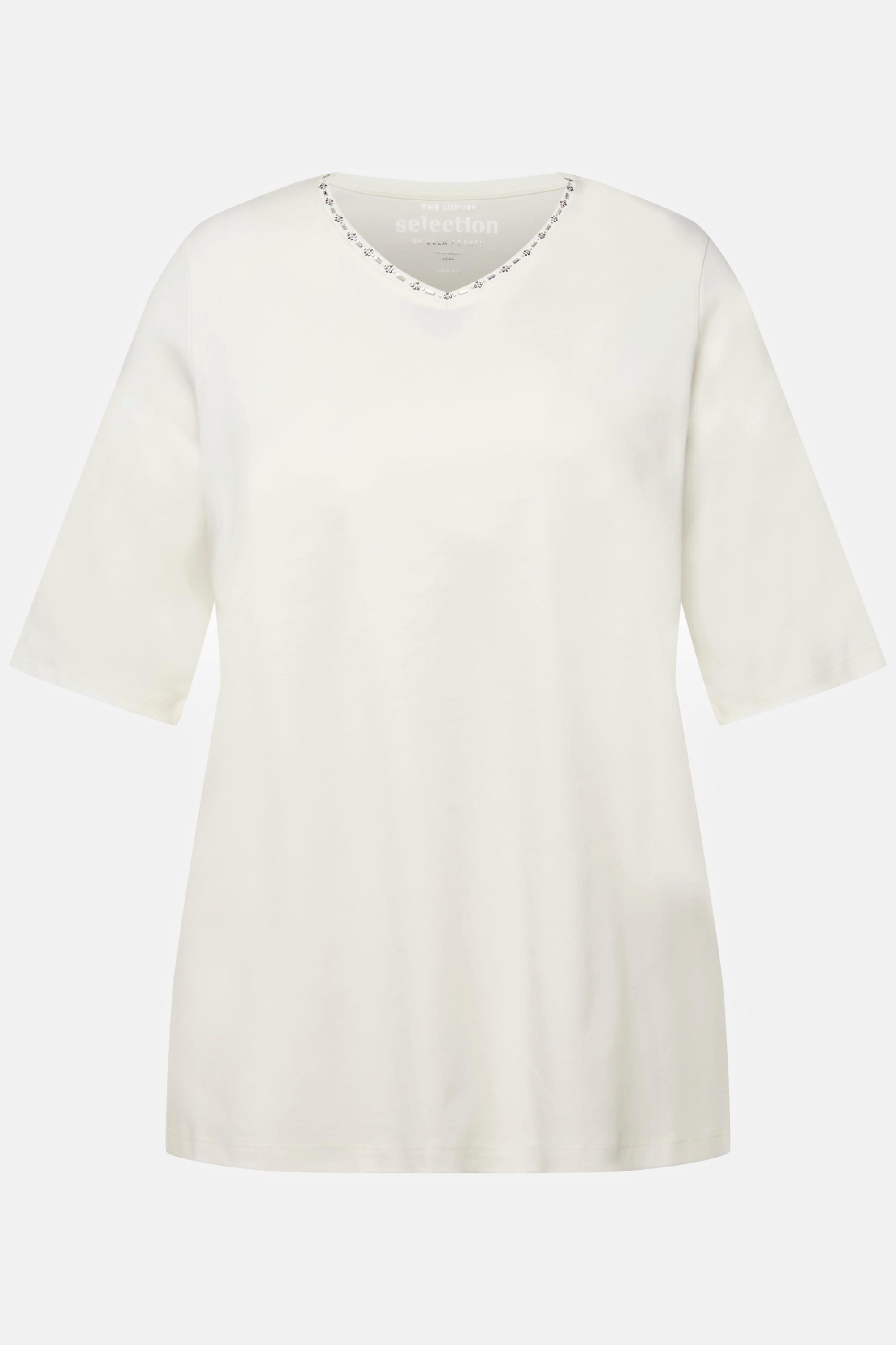 Ulla Popken  T-shirt dal taglio svasato in cotone Pima con scollo a V e mezze maniche 