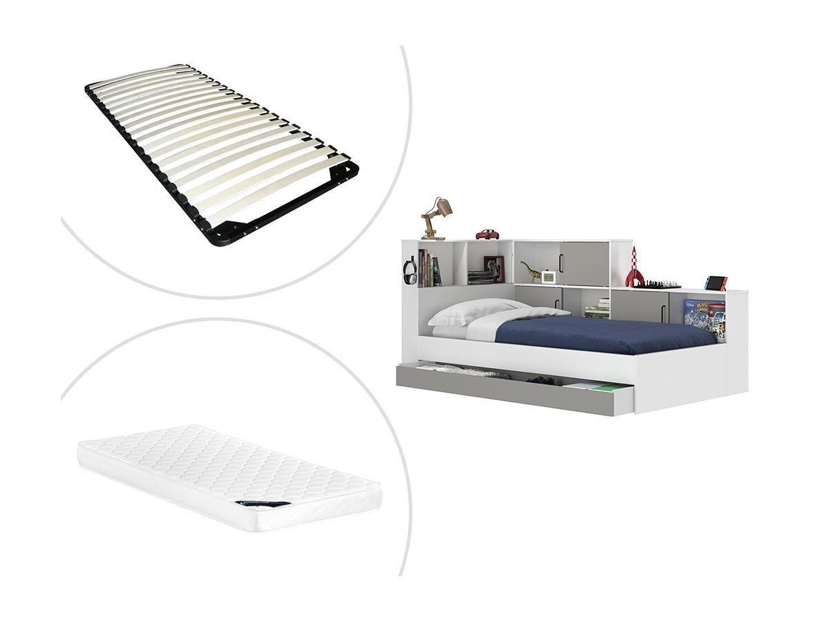 Image of Bett mit Stauraum & Schublade + Lattenrost + Matratze - 90 x 200 cm - Weiß & Grau - ARMAND Bett mit Stauraum & Schublade + Lattenrost + Matratze - 90 x 200 cm - Weiß & Grau - ARMAND