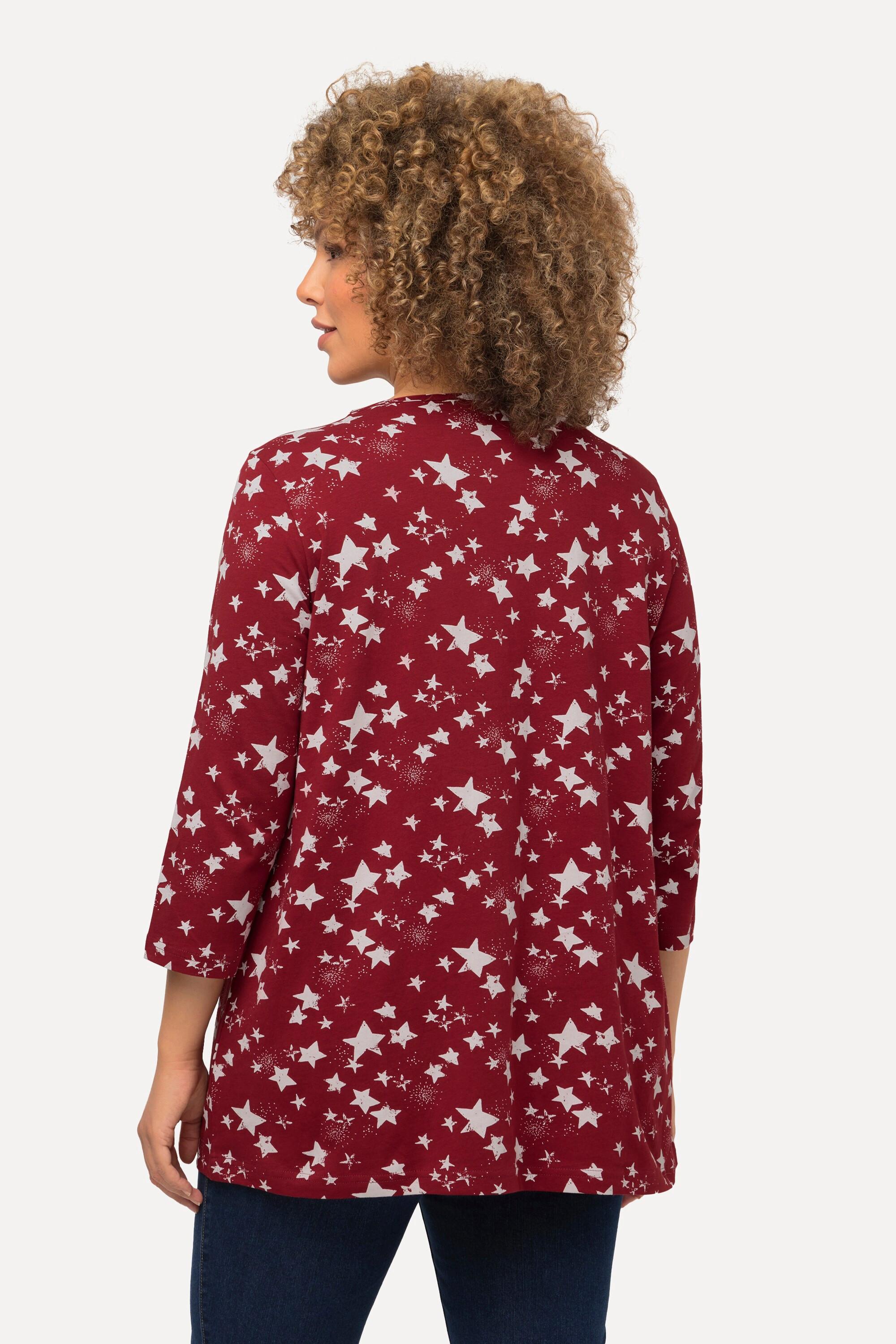 Ulla Popken  T-shirt à col en V et manches 3/4, motif étoiles dans l'esprit de Noël 