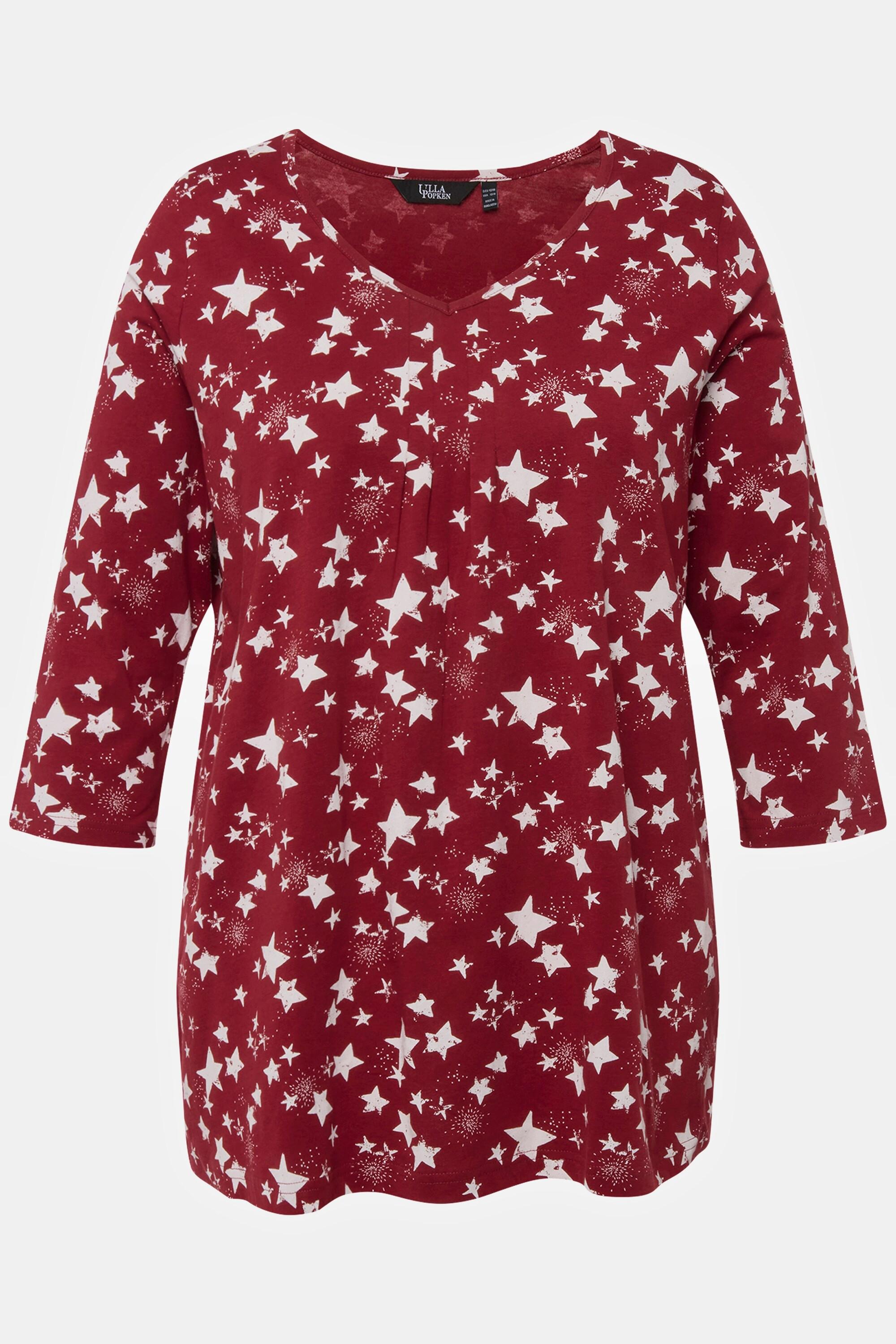 Ulla Popken  T-shirt à col en V et manches 3/4, motif étoiles dans l'esprit de Noël 