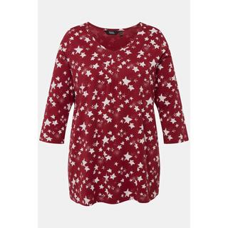 Ulla Popken  T-shirt à col en V et manches 3/4, motif étoiles dans l'esprit de Noël 