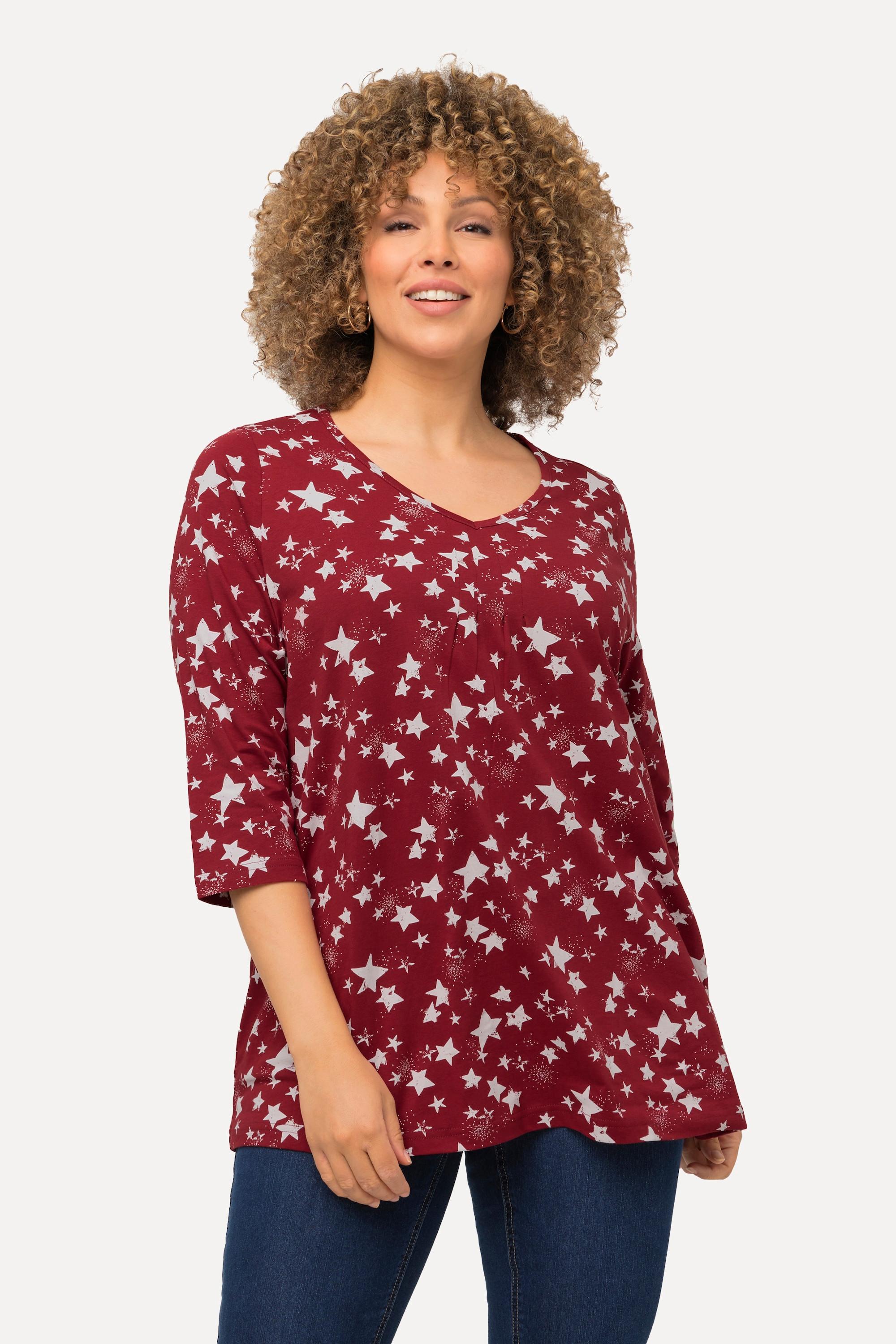 Ulla Popken  T-shirt à col en V et manches 3/4, motif étoiles dans l'esprit de Noël 