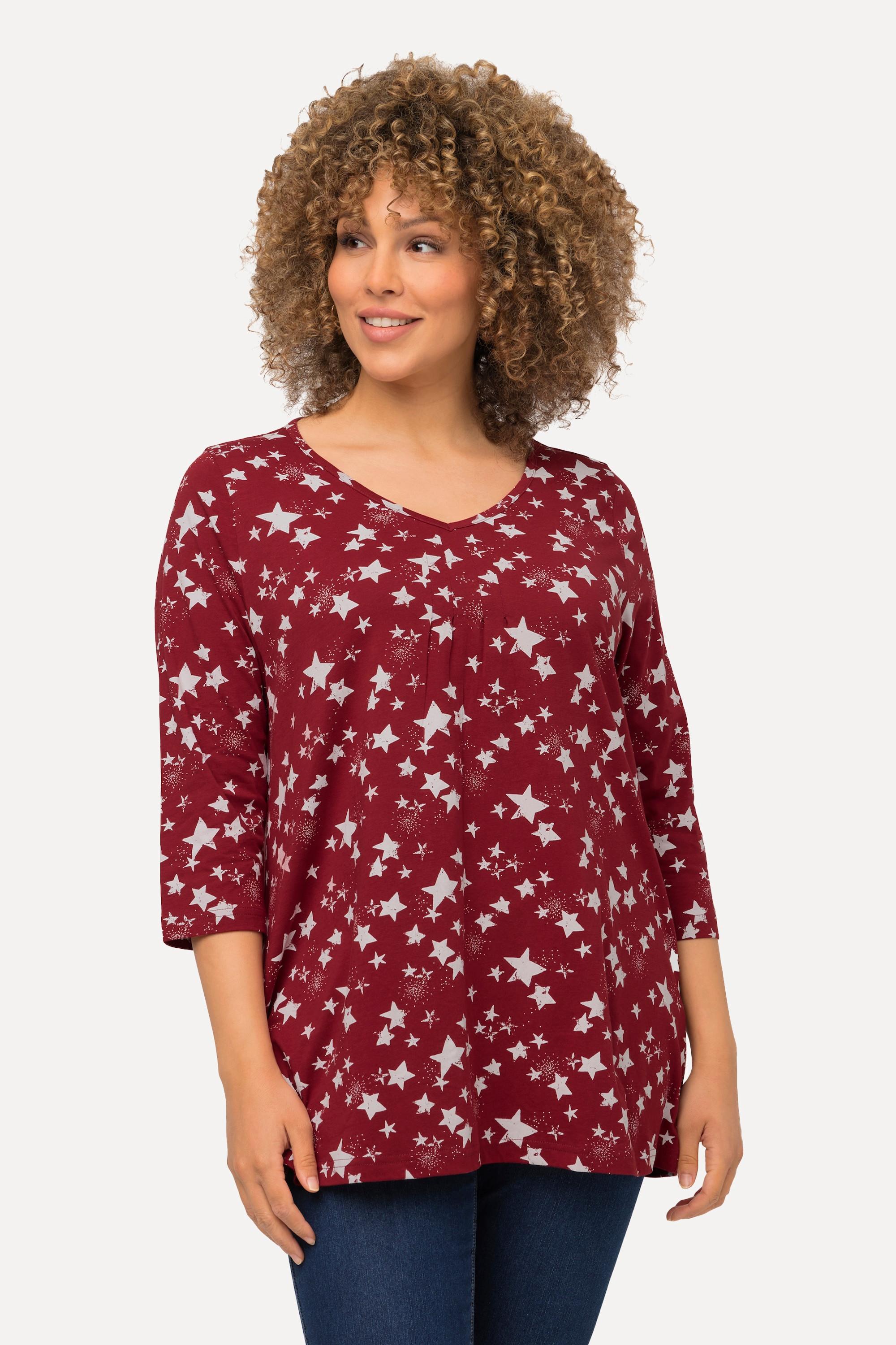 Ulla Popken  T-shirt à col en V et manches 3/4, motif étoiles dans l'esprit de Noël 