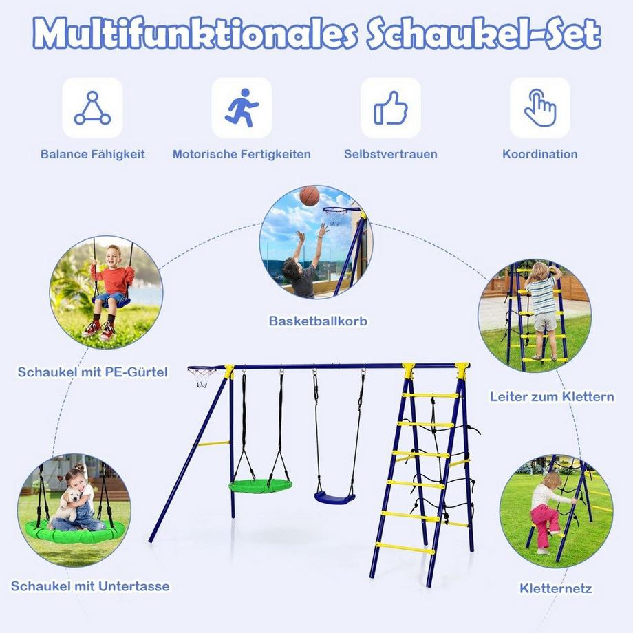 Balançoire 5 en 1 avec 2 balançoires, panier de basket, filet d'escalade & échelle d'escalade, combinaison d'escalade & balançoire