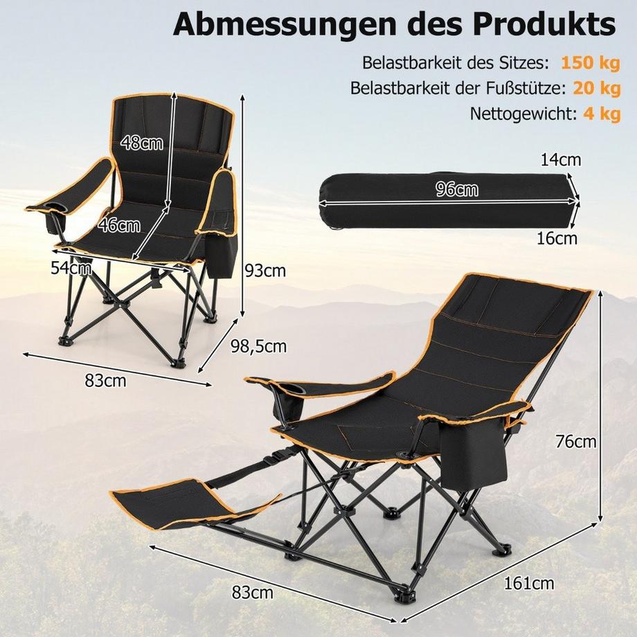 B2X  Campingstuhl mit Abnehmbarer Fußablage & Getränkehalter & Kühltasche Klappbarer Angelstuhl 