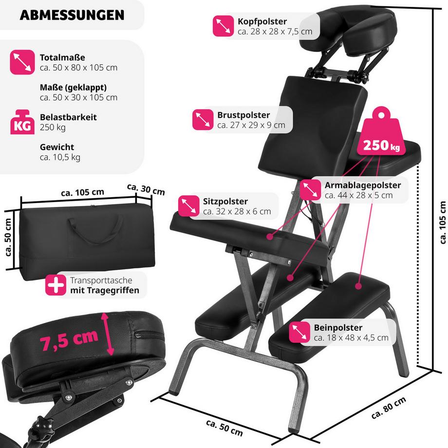 Tectake  Massagestuhl  klappbar verstellbare Polster für Kopf, brust, Arme und Po 
