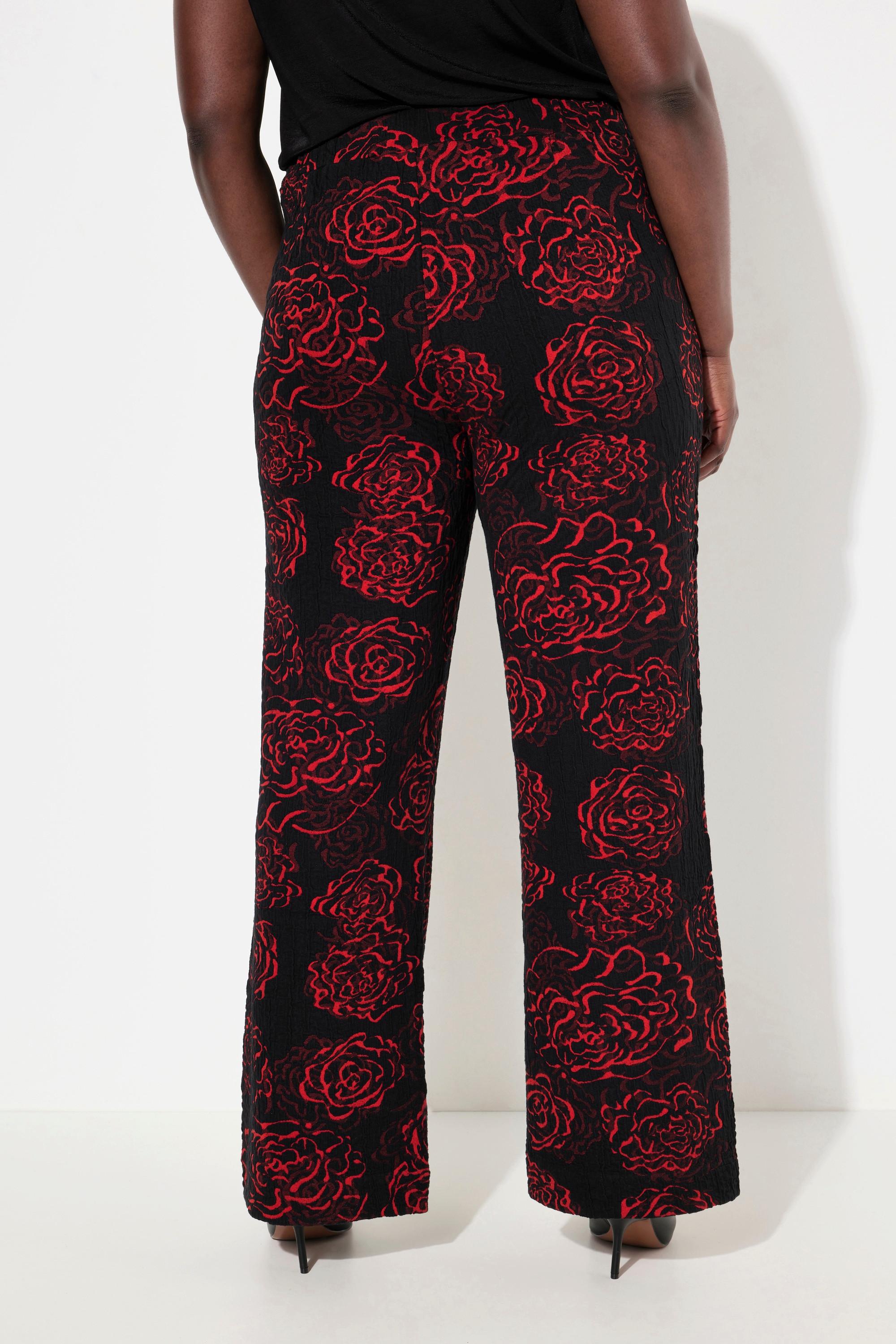 Ulla Popken  Pantaloni di jersey jacquard con fiori, taglio della gamba ampio e cintura elastica 