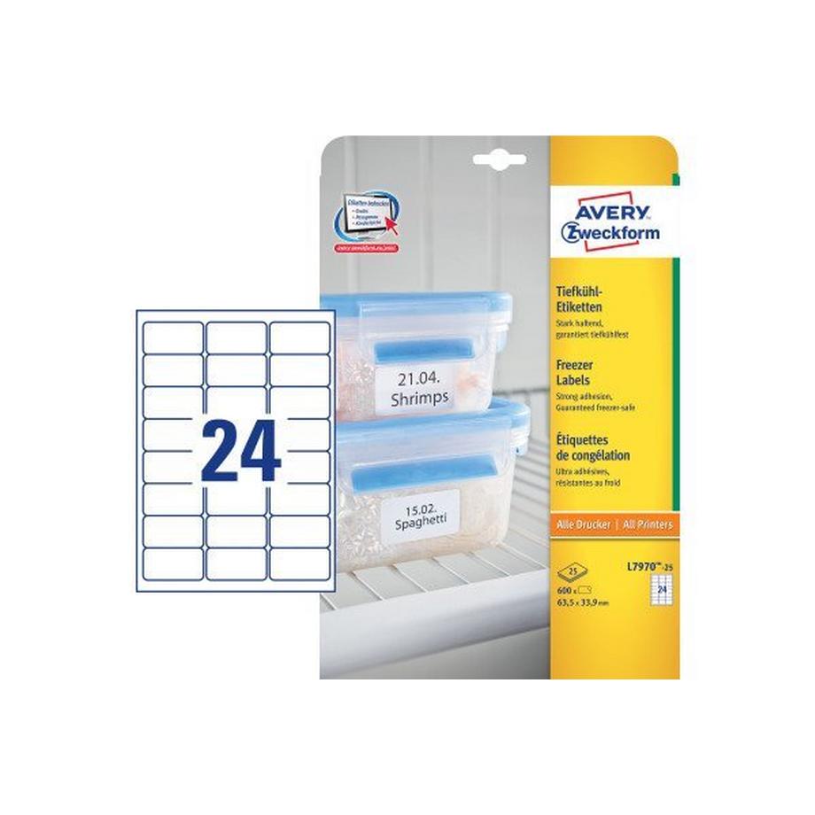 Avery-Zweckform  Avery-Zweckform L7970-25 Etichette 63.5 x 33.9 mm Carta Bianco 600 pz. Permanente Etichetta per congelatore Laser 