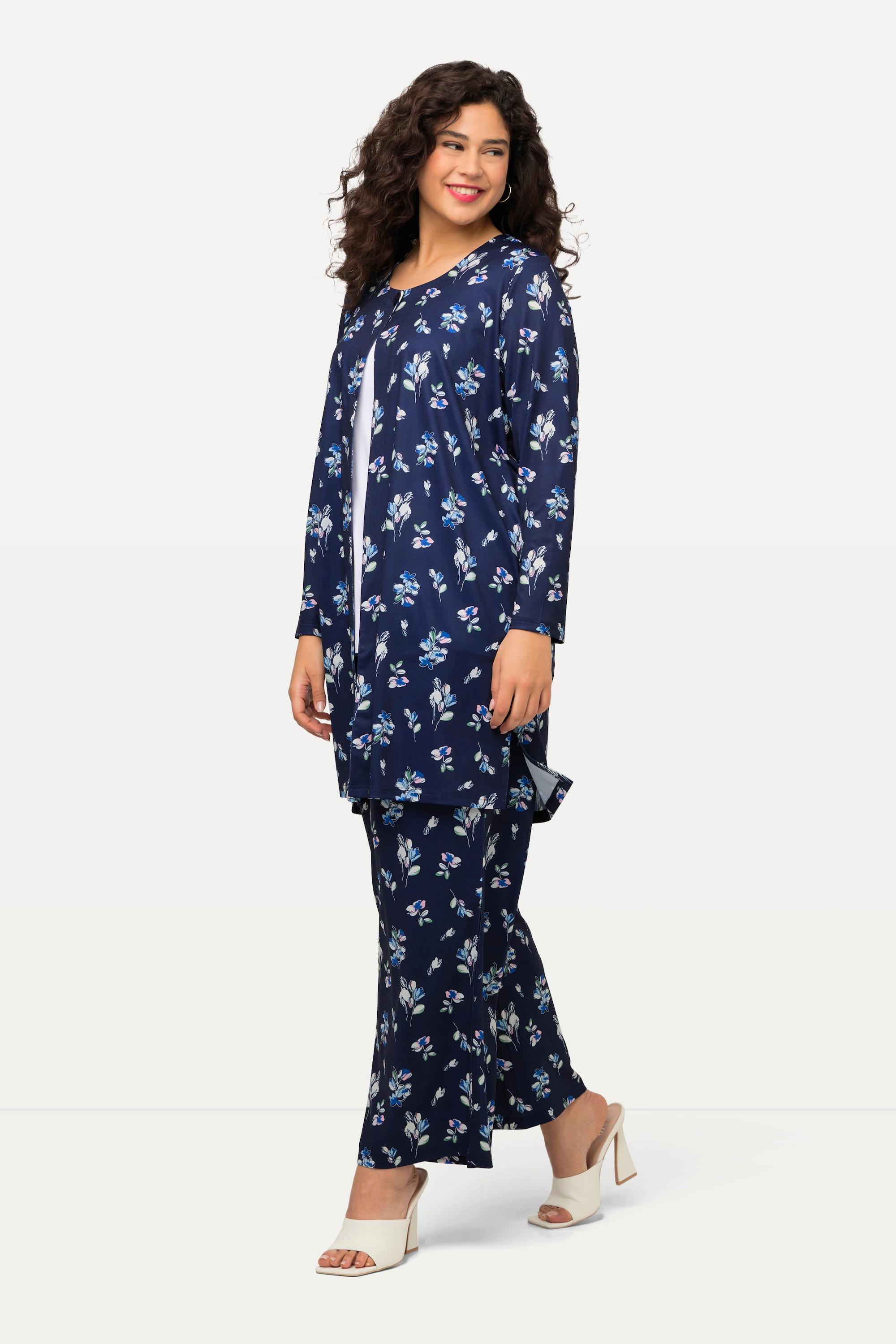 Ulla Popken Giacca di jersey fiori minimalisti scollo rotondo abbottonatura maniche lunghe  