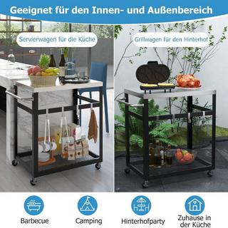 Northix Chariot de gril en acier inoxydable à 2 niveaux avec roues, poignée et crochets, table de travail pour chariot d'extérieur  