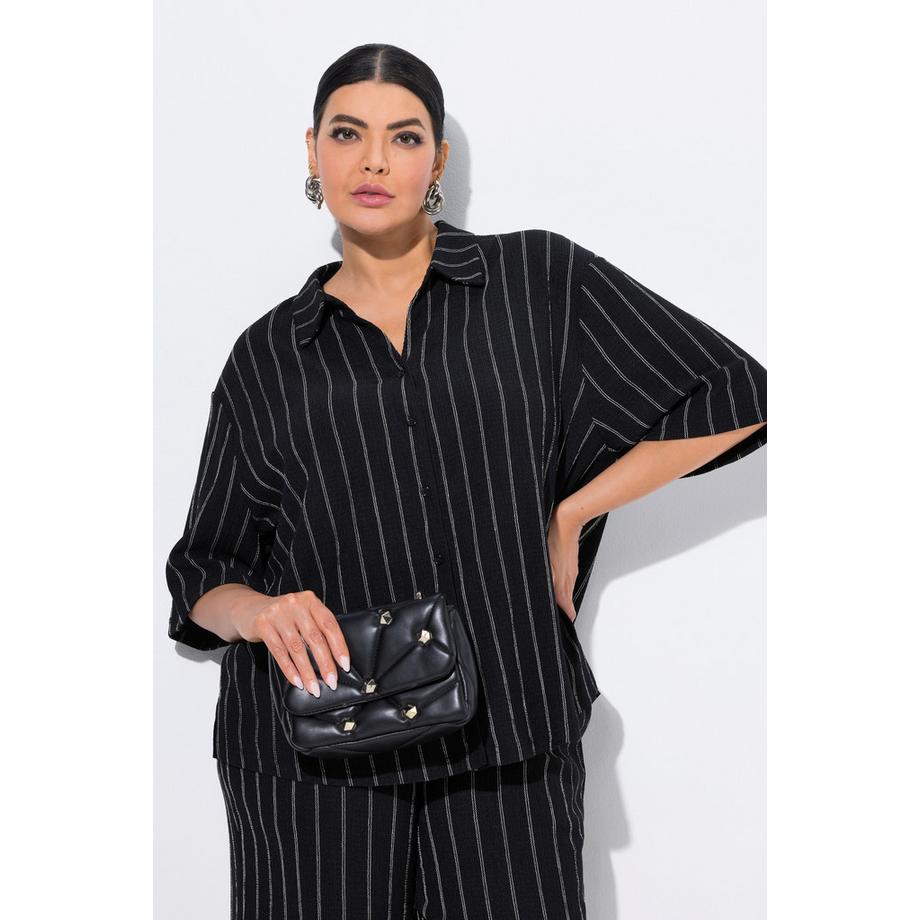 Ulla Popken Blusa Jersey Righe Collo Camicia Mezze Maniche  