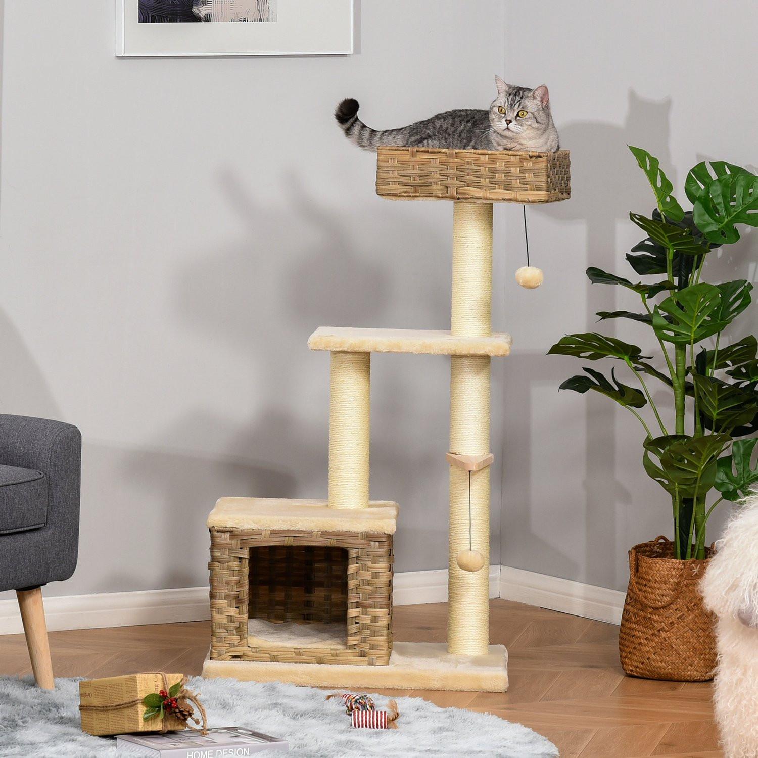 Northio  Arbre À Chat En Rotin Avec Grotte Pour Chat, Jouet Balle, Sisal Et Peluche Douce, 108 Cm, Marron + Beige 