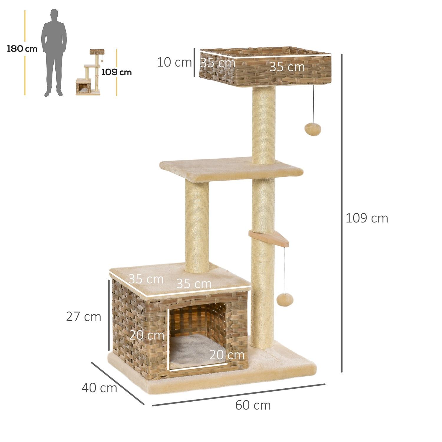 Northio  Arbre À Chat En Rotin Avec Grotte Pour Chat, Jouet Balle, Sisal Et Peluche Douce, 108 Cm, Marron + Beige 
