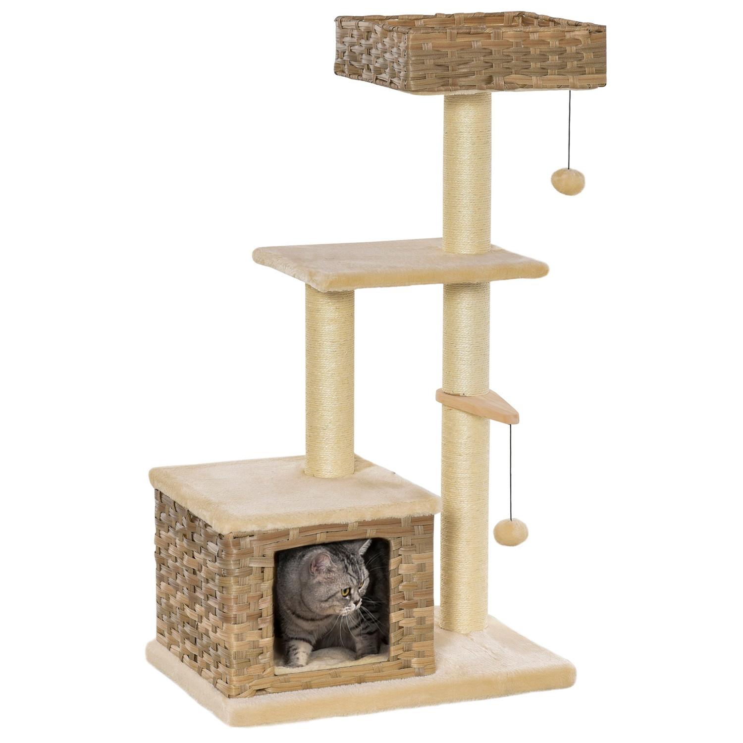 Northio  Arbre À Chat En Rotin Avec Grotte Pour Chat, Jouet Balle, Sisal Et Peluche Douce, 108 Cm, Marron + Beige 