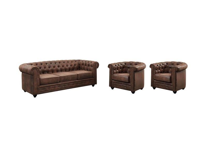 Image of Couchgarnitur 3+1+1 - Microfaser - Vintage-Look - CHESTERFIELD Couchgarnitur 3+1+1 - Microfaser - Vintage-Look - CHESTERFIELD