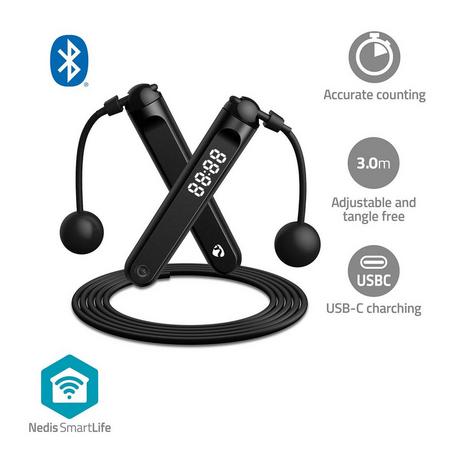 Nedis  Sports de plein air SmartLife | Corde à sauter | Bluetooth | Capteur à double effet Hall | Affichage LED | PVC | 3,00 m | Balles sans fil / Sac à cordon | Noir 