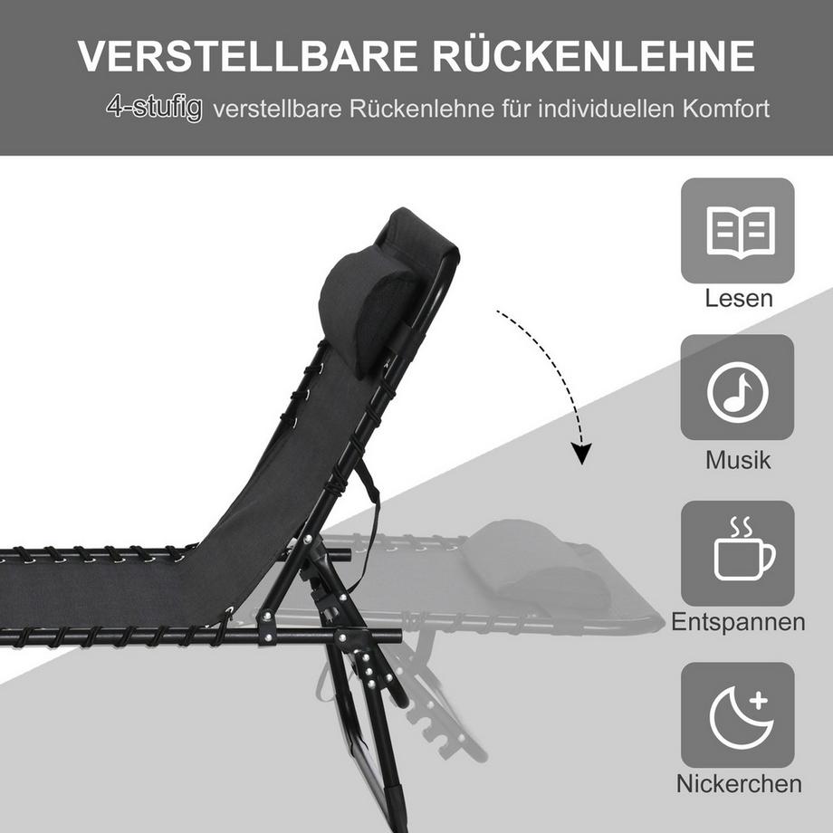 Northio Sonnenliege Faltbar Gartenliege Klappliege Garten 4-Stufige Rückenlehne Verstellbar Stahl Mesh-Stoff Schwarz 197 X 58 X 76 Cm  