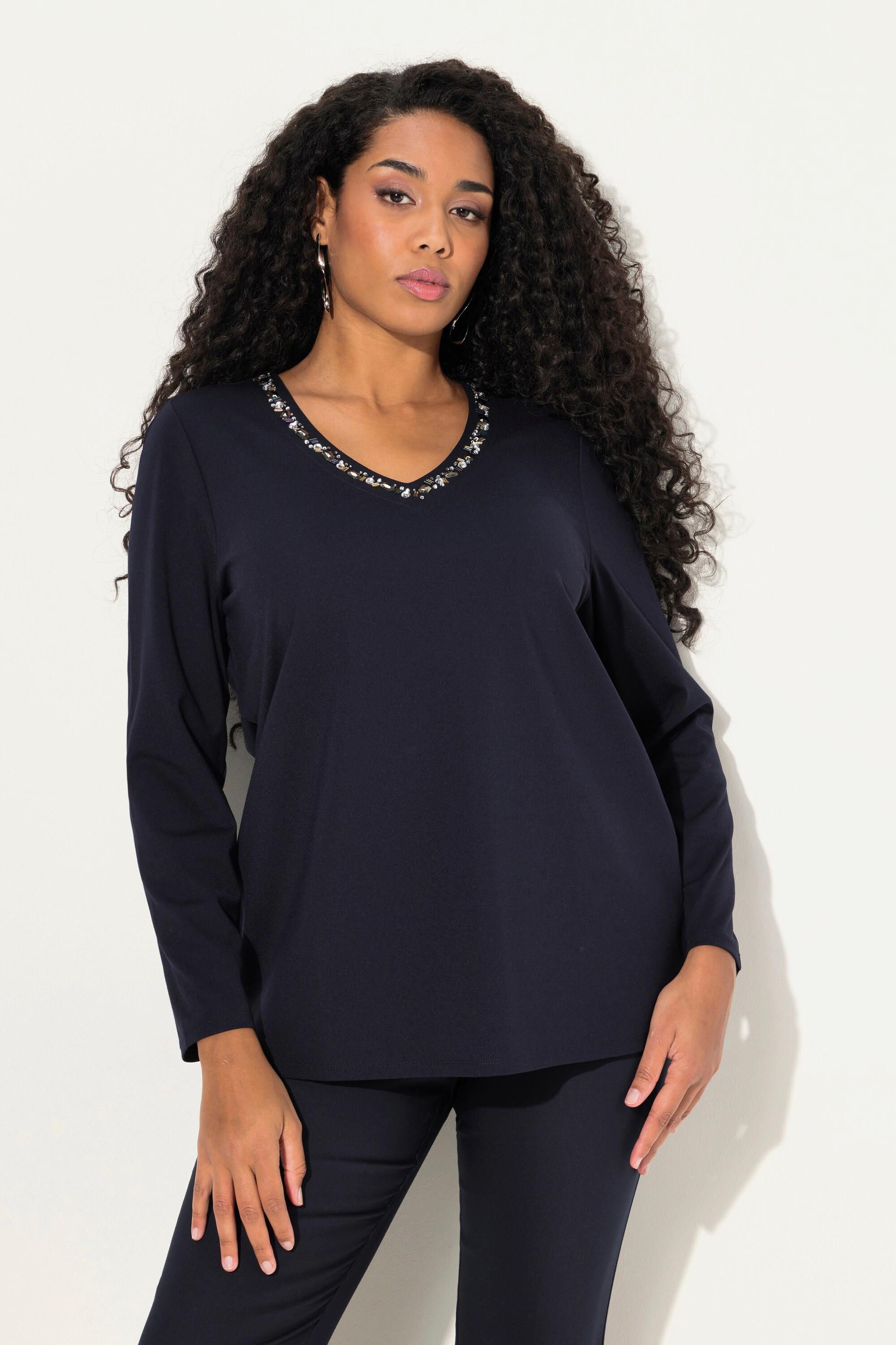 Ulla Popken  T-shirt col en V et manches longues, coupe Classic Fit, pierres fantaisie 