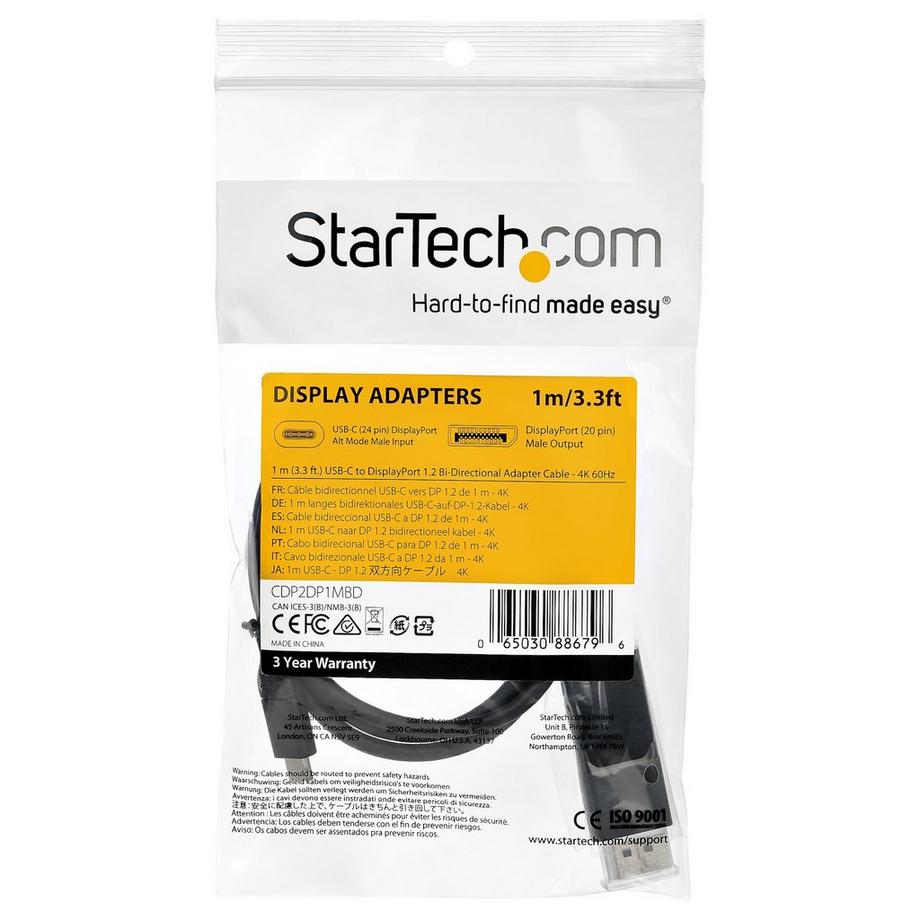 STARTECH.COM  StarTech.com Cavo adattatore da USB C a DisplayPort 1.2 da 1m - Cavo video bidirezionale da DP a USB-C o USB-C a DP 4K 60Hz - HBR2/HDR - Cavo per monitor USB tipo C/TB3 