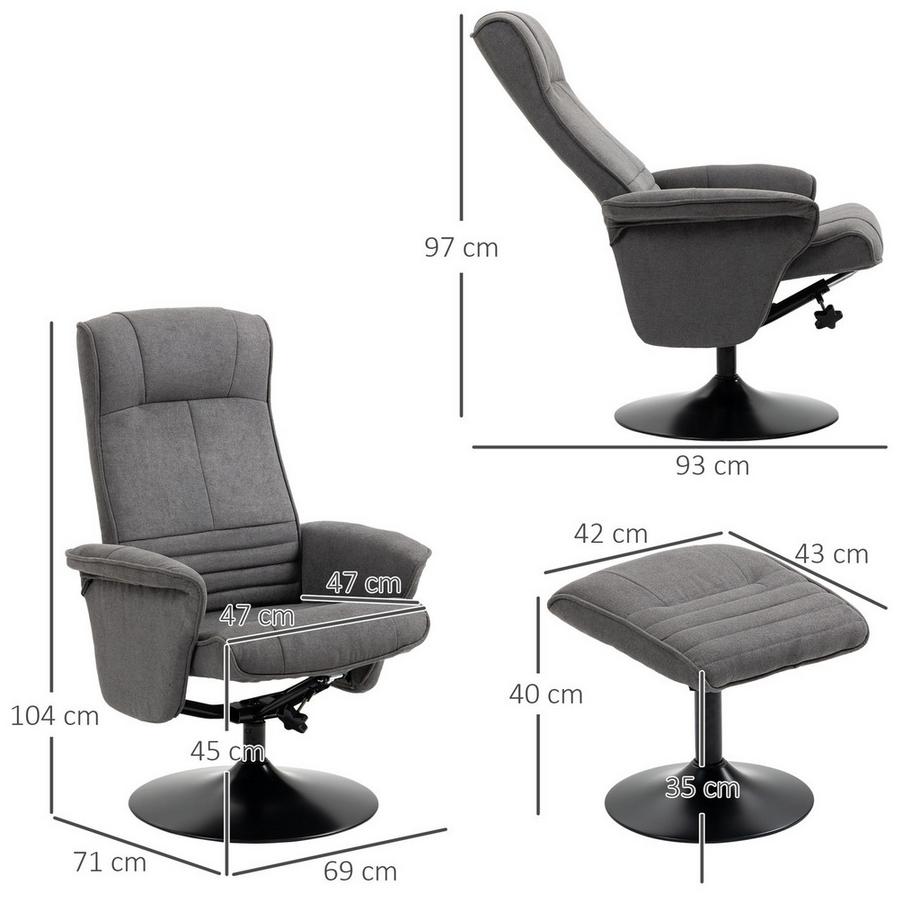 Northio Fauteuil De Relaxation Avec Repose-Pieds Fauteuil Tv Rotatif À 360° Dossier Réglable Fauteuil Avec Tabouret Mousse Gris Foncé 69 X 71 X 104 Cm  