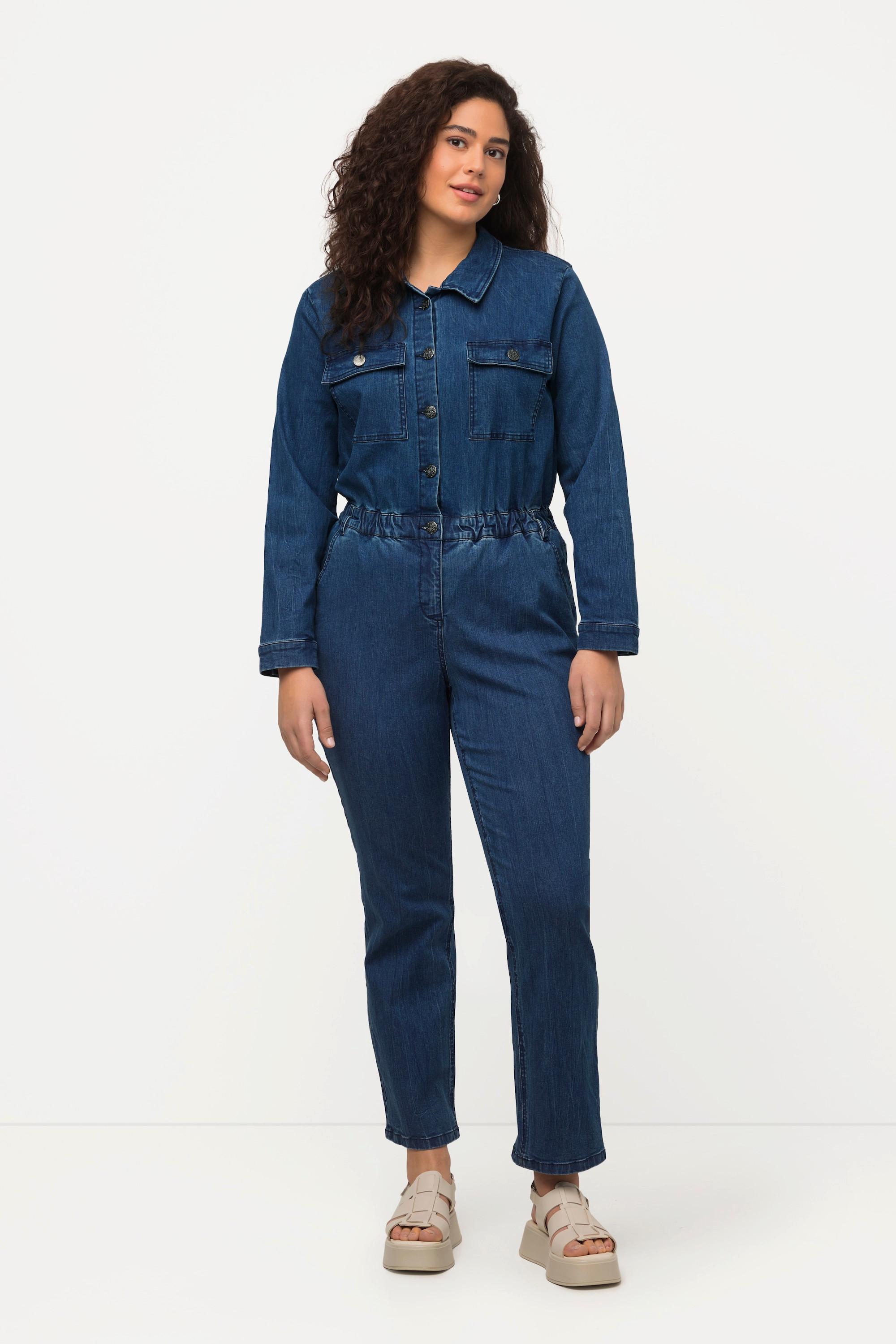 Ulla Popken  Jeans-Boilersuit, Jeans-Overall, Hemdkragen, Langarm 