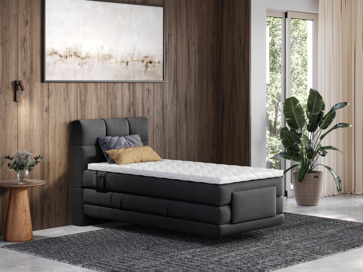 Vente-unique Boxspringbett mit gestepptem Kopfteil + elektrischem Untergestell mit Relaxfunktion + Matratze + Topper - 100 x 200 cm - Stoff - Anthrazit - LODI von PALACIO  