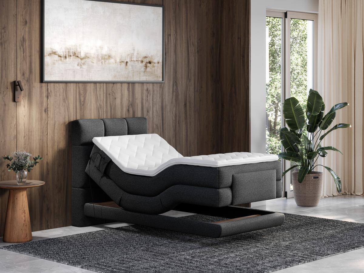 Vente-unique Boxspringbett mit gestepptem Kopfteil + elektrischem Untergestell mit Relaxfunktion + Matratze + Topper - 100 x 200 cm - Stoff - Anthrazit - LODI von PALACIO  