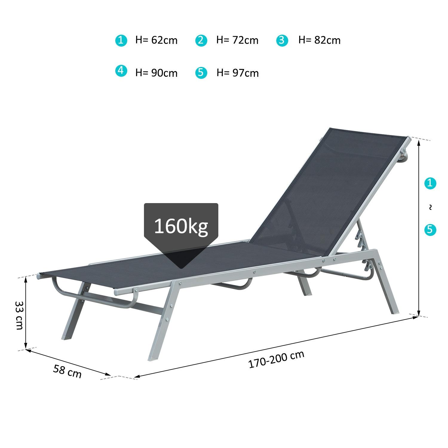 Northio Bain de Soleil de Jardin Chaise Longue Relax Dossier 5 Marches métal Noir 170 x 58 x 97 cm  