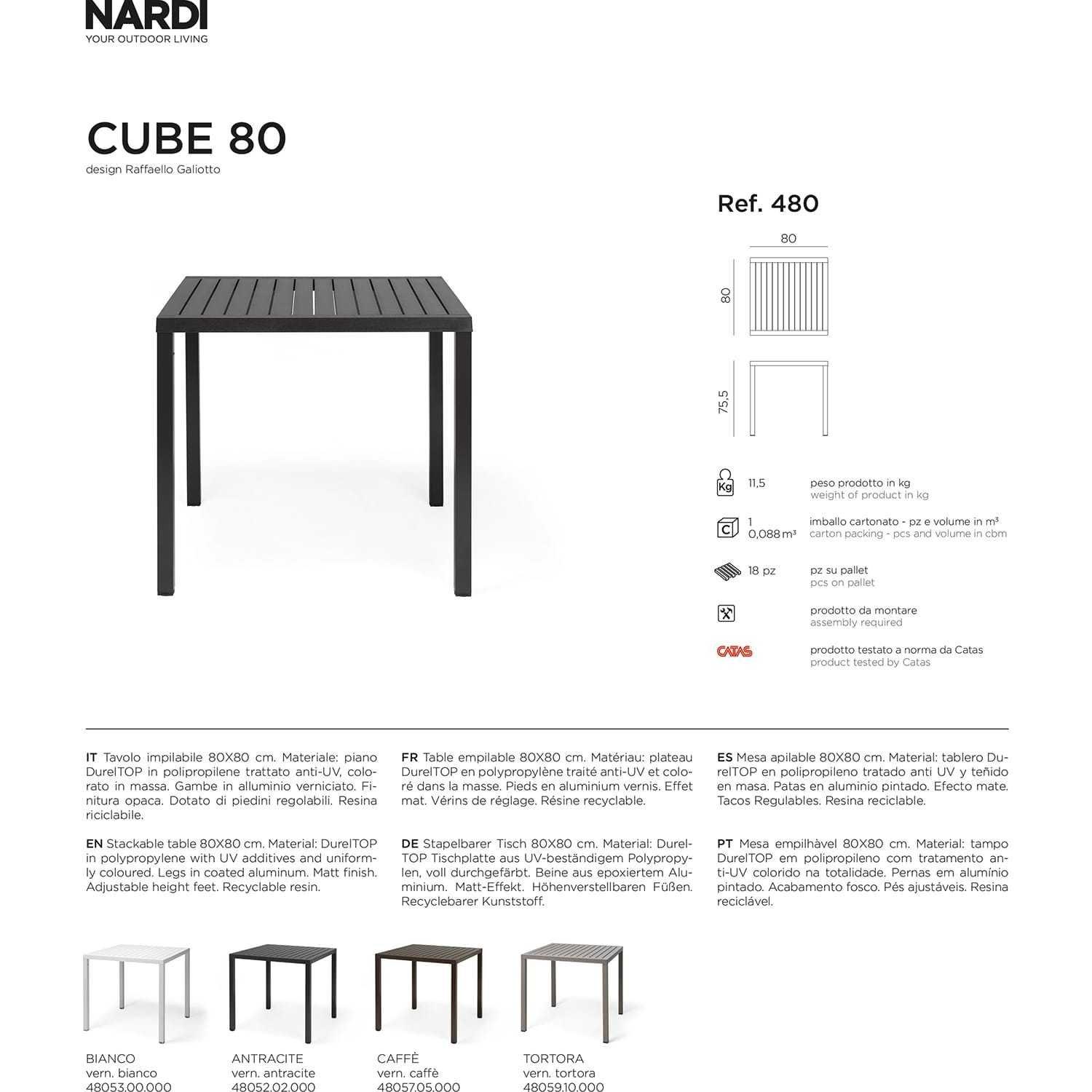 NARDI outdoor Table de jardin empilable Cube anthracite 80  