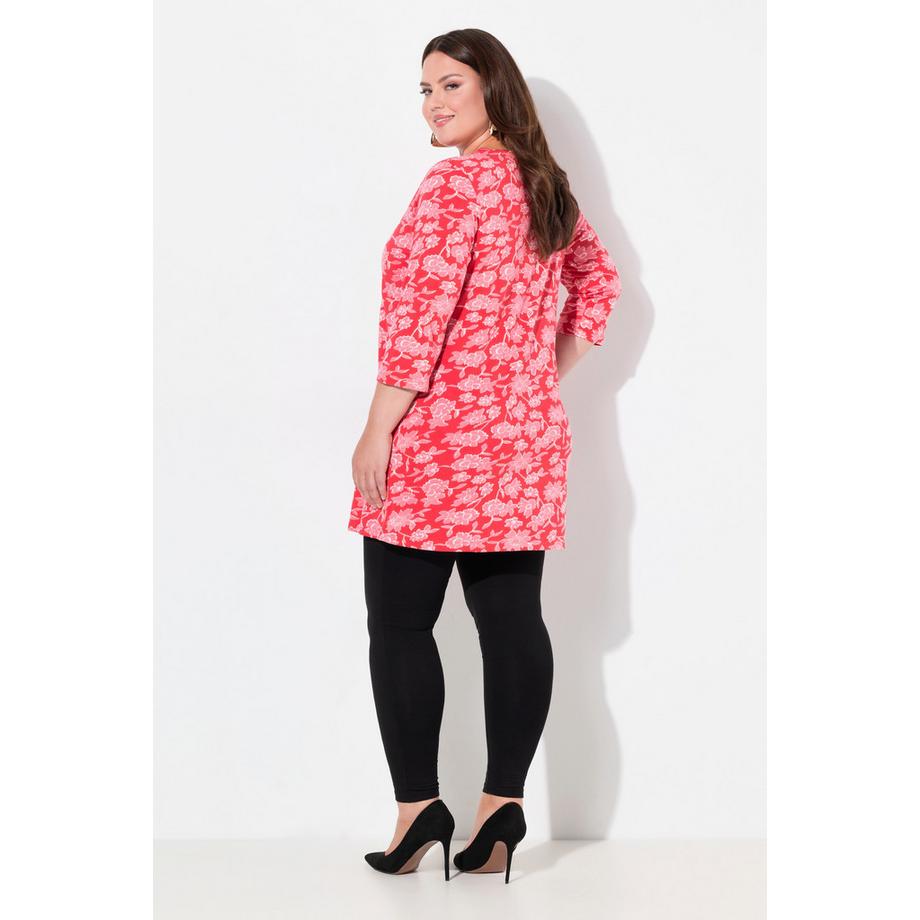 Ulla Popken T-shirt long Passepoils Coupe Évasée Col en V Manches 3/4  