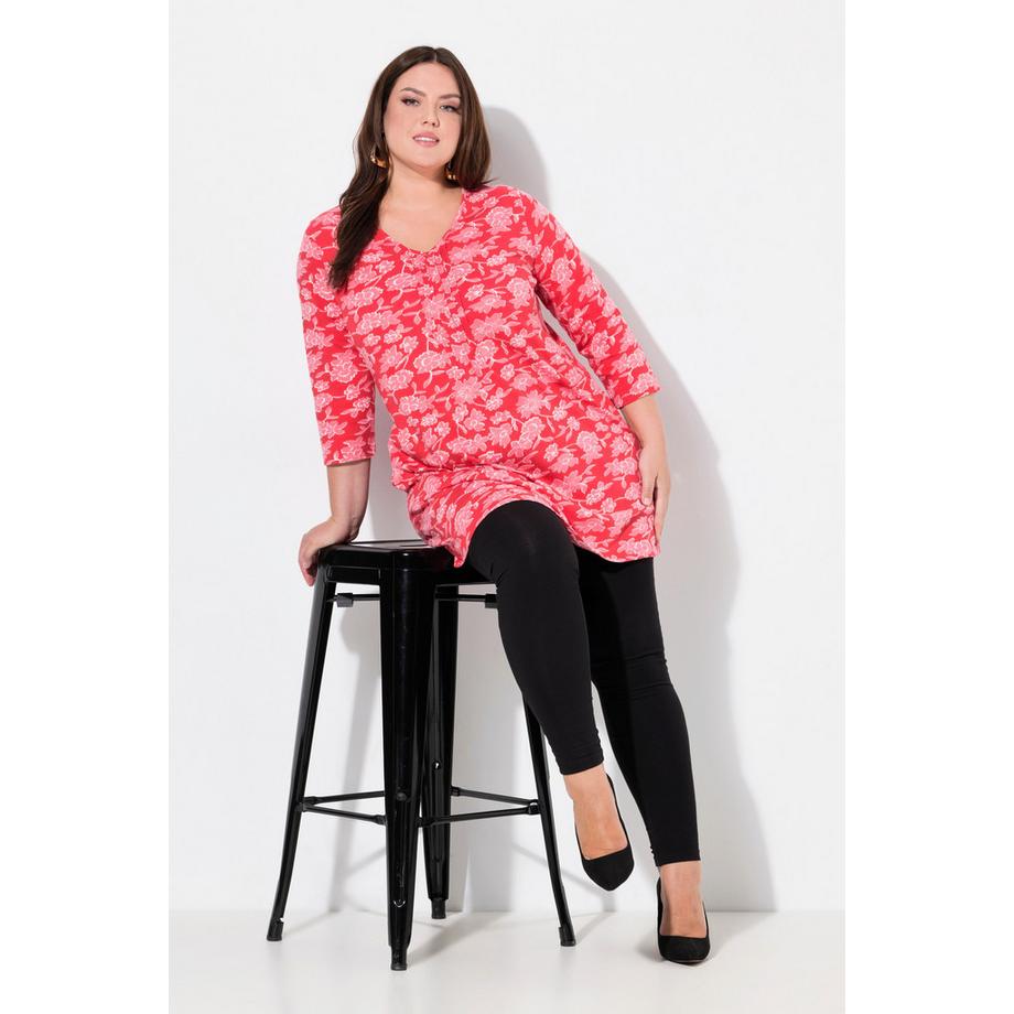 Ulla Popken T-shirt long Passepoils Coupe Évasée Col en V Manches 3/4  