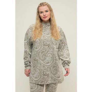 Maglia dal taglio oversize con Paisley brillante, spacchetti laterali, collo alto e maniche lunghe