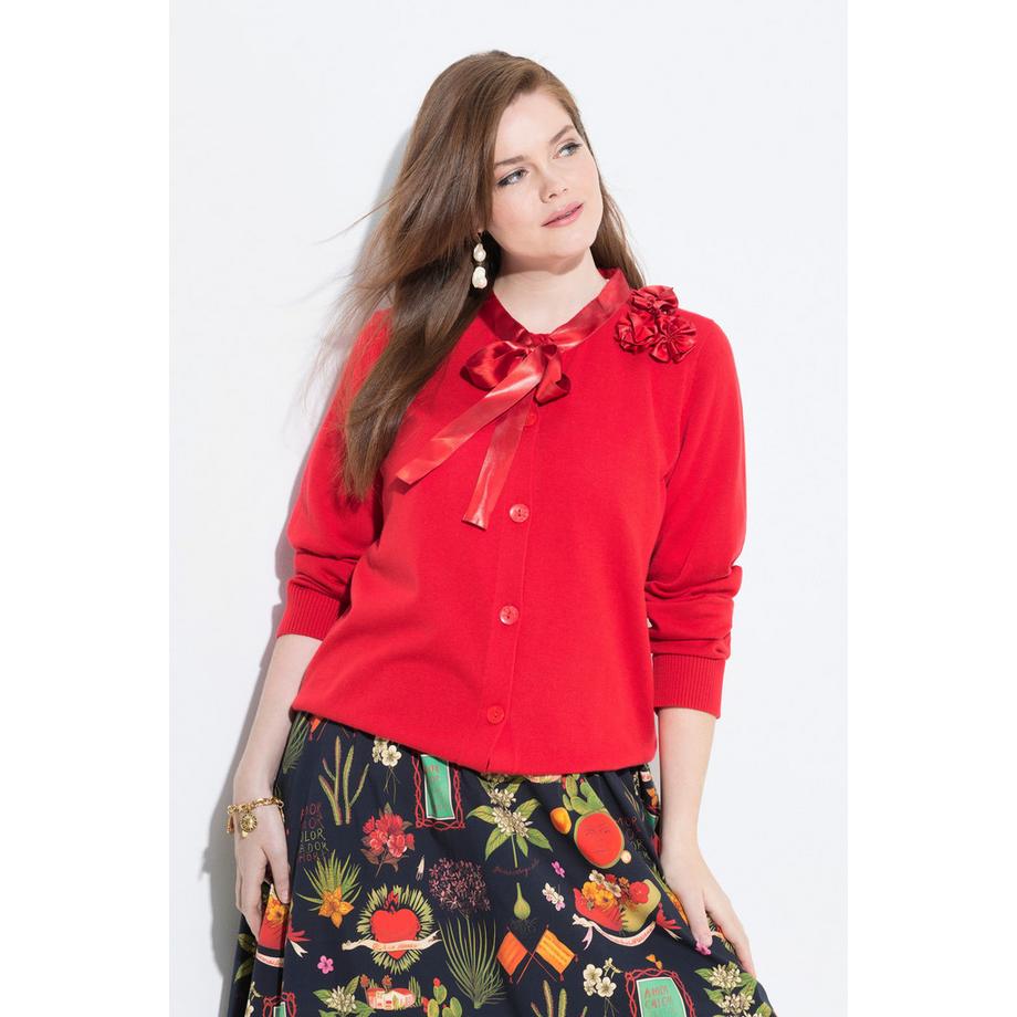 Ulla Popken Cardigan Fleurs en Satin Col Rond Manches Longues  