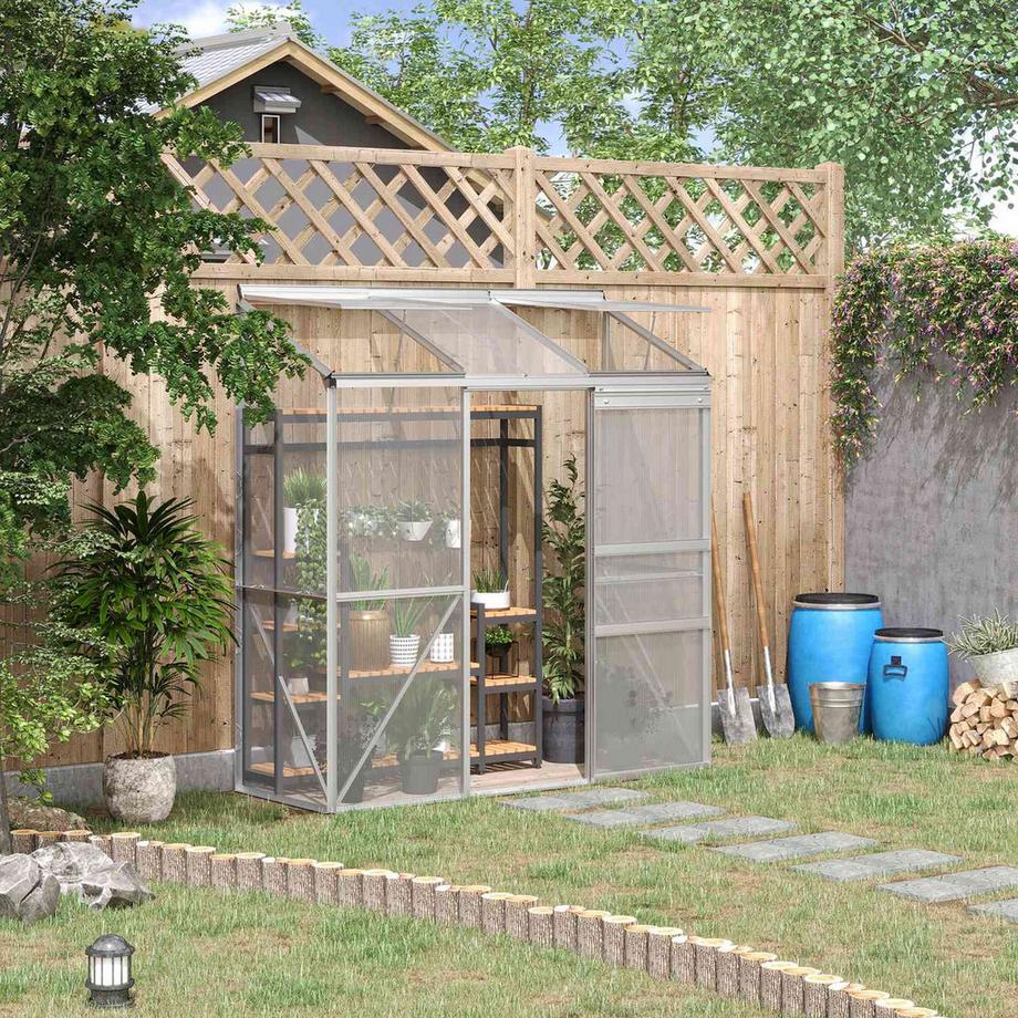 Northio Gewächshaus Tomatenhaus Treibhaus mit Schiebetür und Aufklappbaren Dachfenstern aus Polycarbonat und Aluminium Silber 192 x 68 x 196 cm für Gartenpflege  