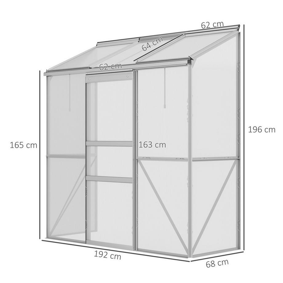 Northio Gewächshaus Tomatenhaus Treibhaus mit Schiebetür und Aufklappbaren Dachfenstern aus Polycarbonat und Aluminium Silber 192 x 68 x 196 cm für Gartenpflege  