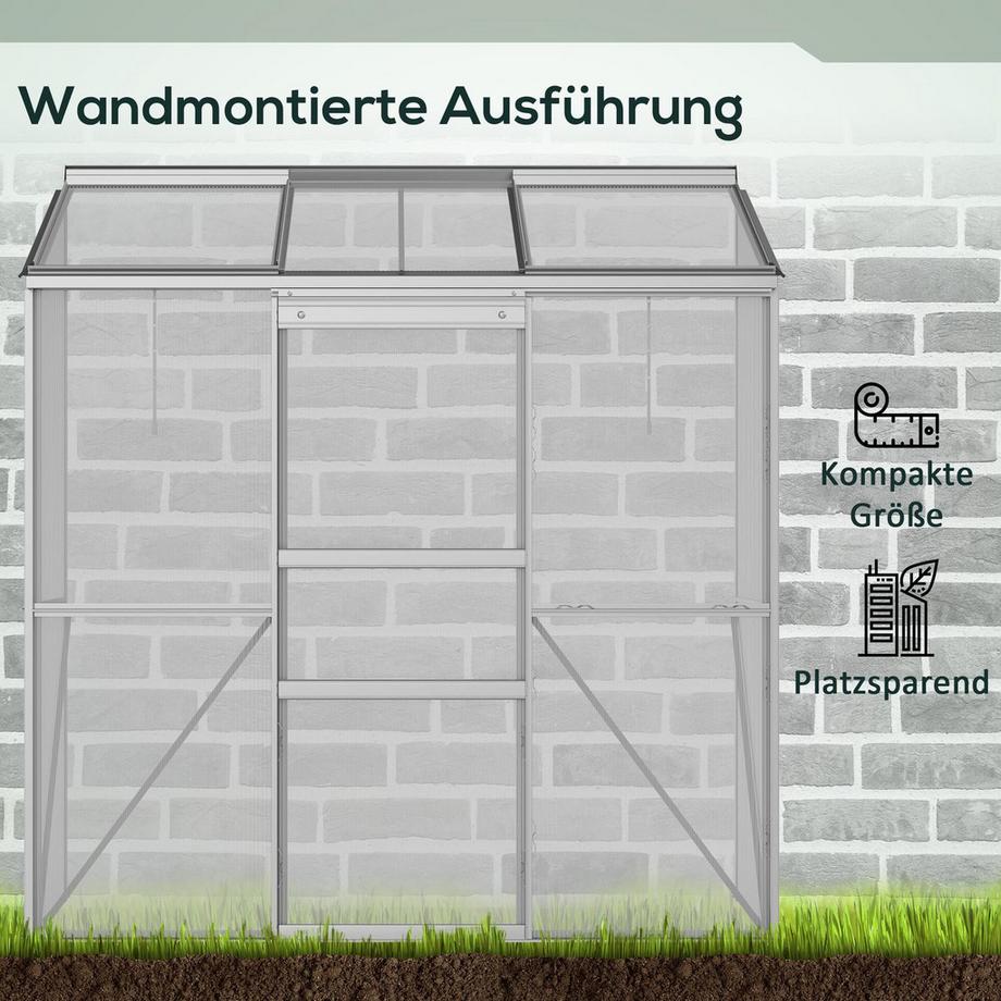 Northio Gewächshaus Tomatenhaus Treibhaus mit Schiebetür und Aufklappbaren Dachfenstern aus Polycarbonat und Aluminium Silber 192 x 68 x 196 cm für Gartenpflege  