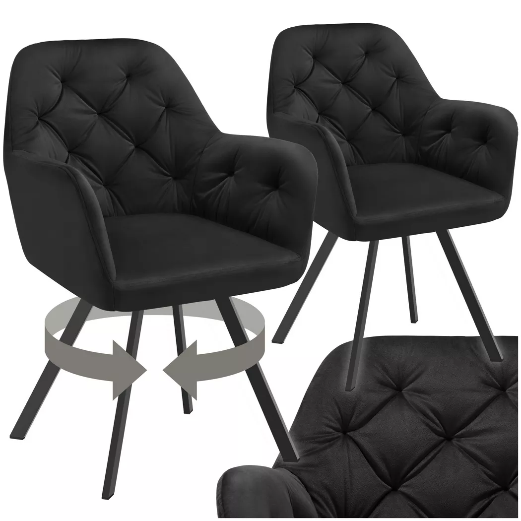 Lot 2 fauteuils pivotants 180° velours rembourrés motif matelassé noir