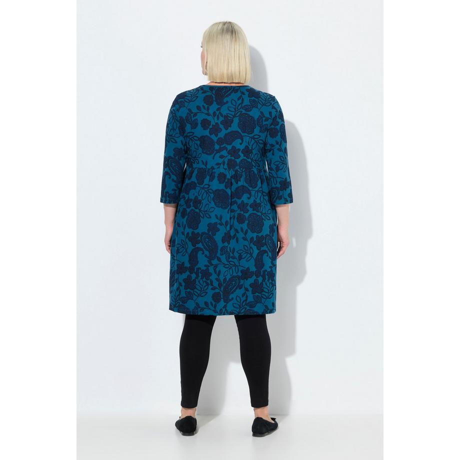 Ulla Popken Robe en jersey motif cachemire Col rond Manches 3/4 Coupe évasée  