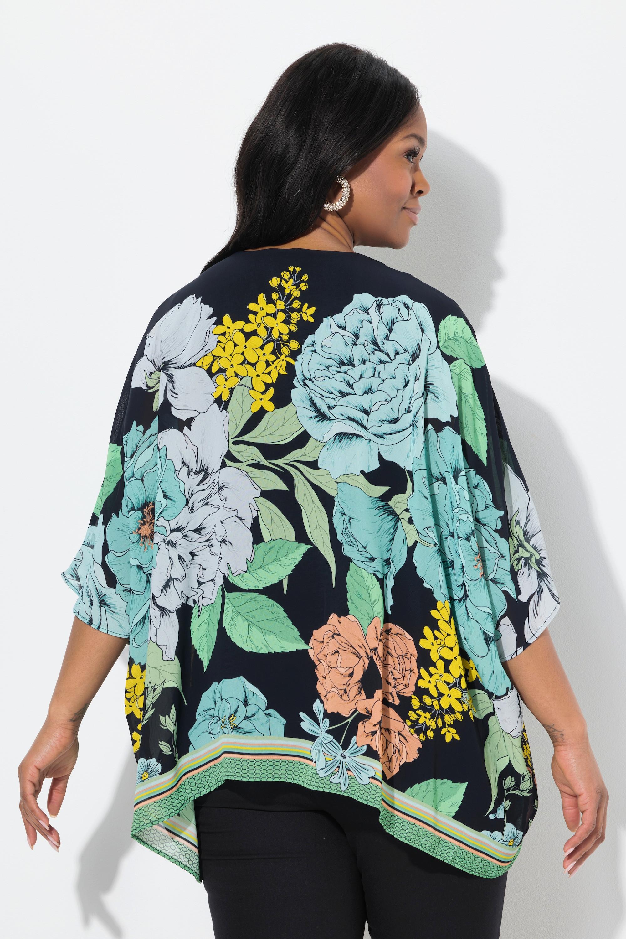 Ulla Popken Blusa Oversize in Chiffon a Fiori Scollo a V Mezza Manica  
