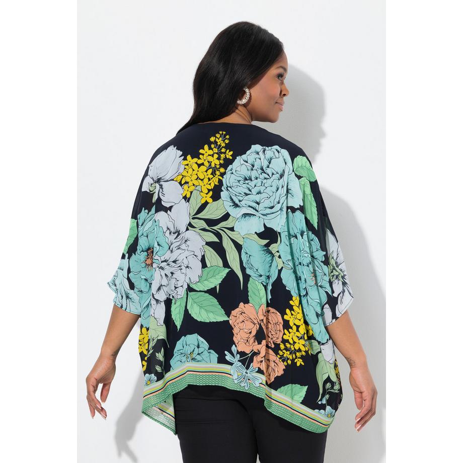 Ulla Popken Blüten Oversized Chiffon Bluse V-Ausschnitt Halbarm  