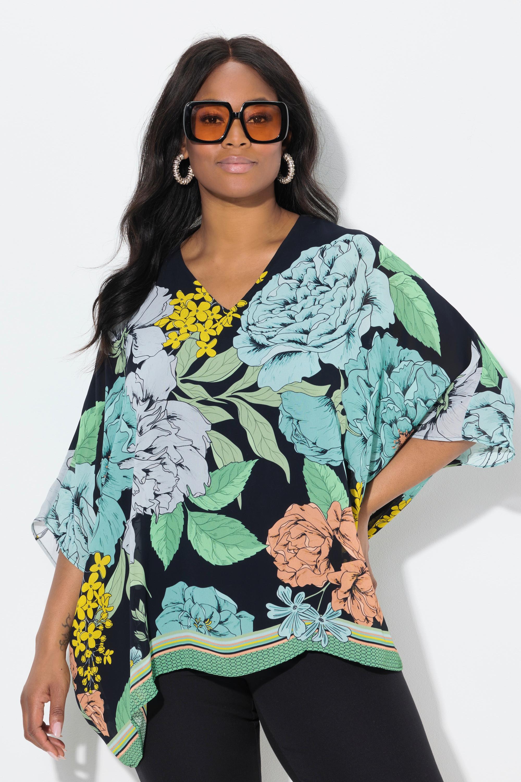 Ulla Popken Blusa Oversize in Chiffon a Fiori Scollo a V Mezza Manica  