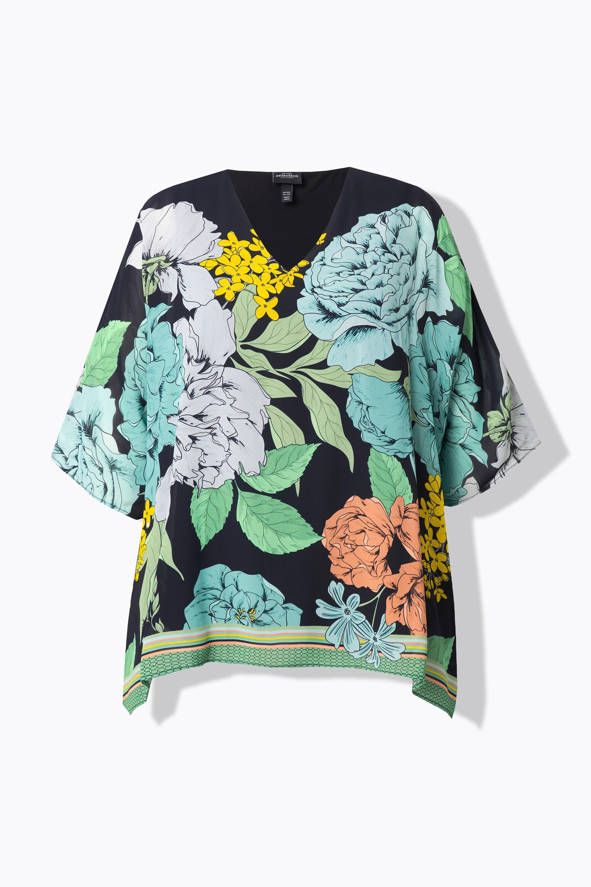 Ulla Popken Blusa Oversize in Chiffon a Fiori Scollo a V Mezza Manica  