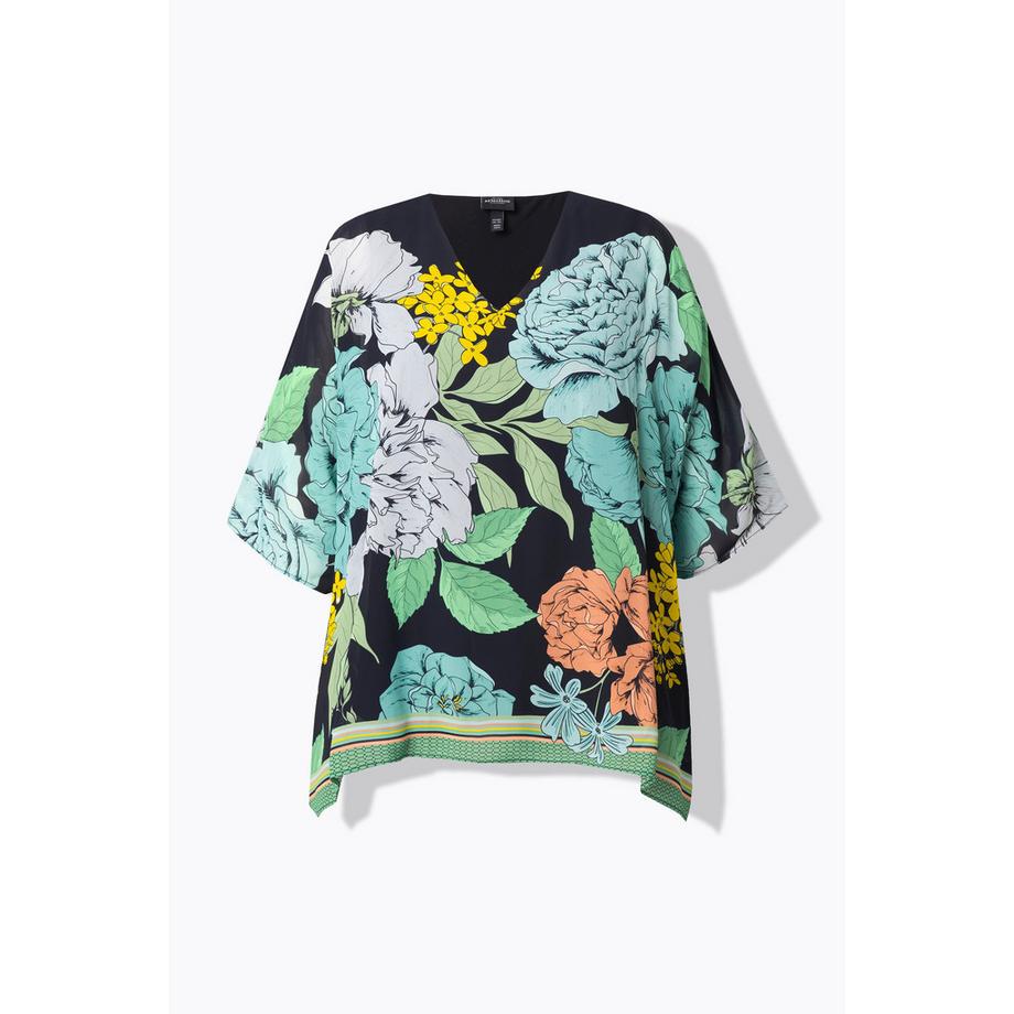 Ulla Popken Blüten Oversized Chiffon Bluse V-Ausschnitt Halbarm  