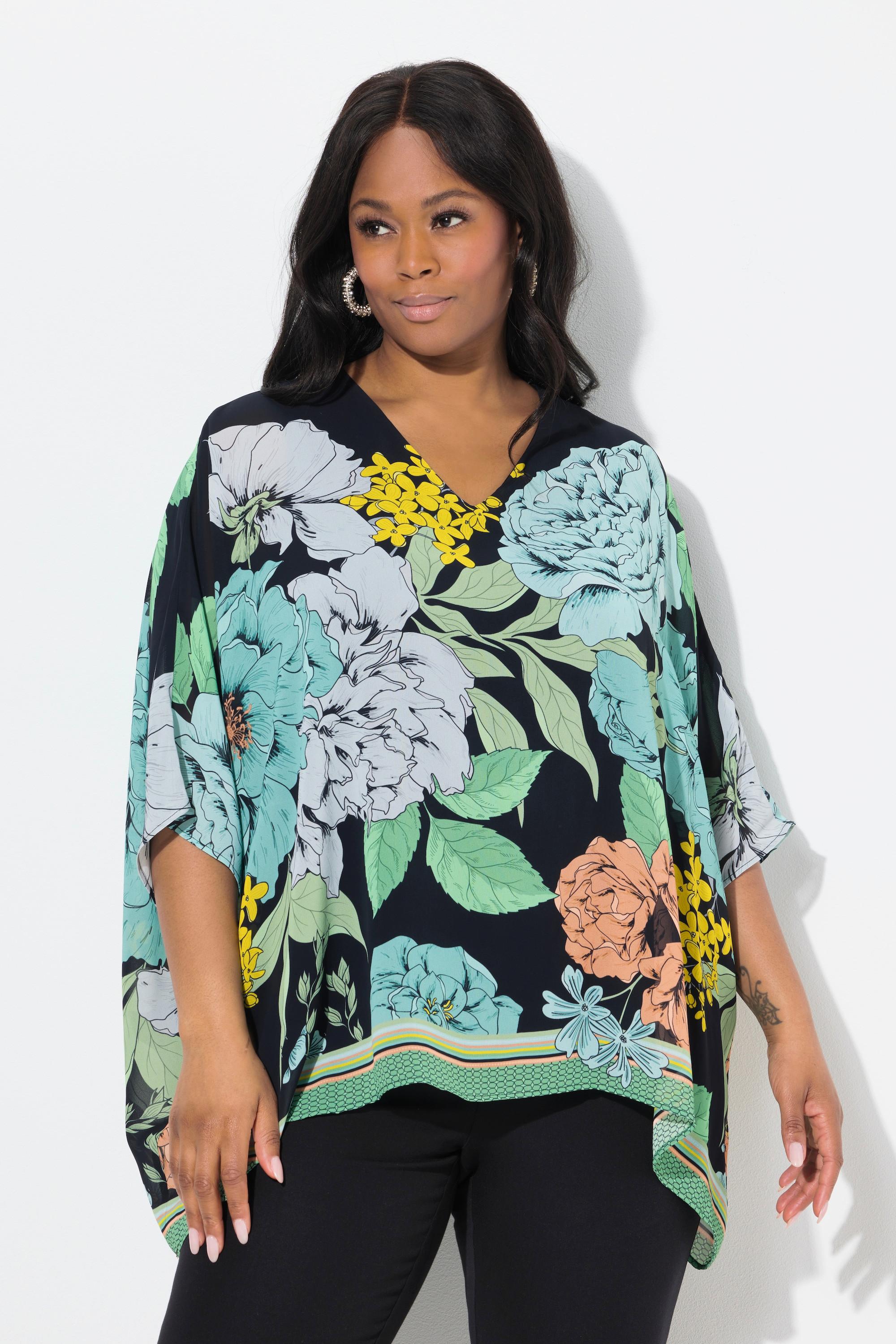 Ulla Popken Blusa Oversize in Chiffon a Fiori Scollo a V Mezza Manica  