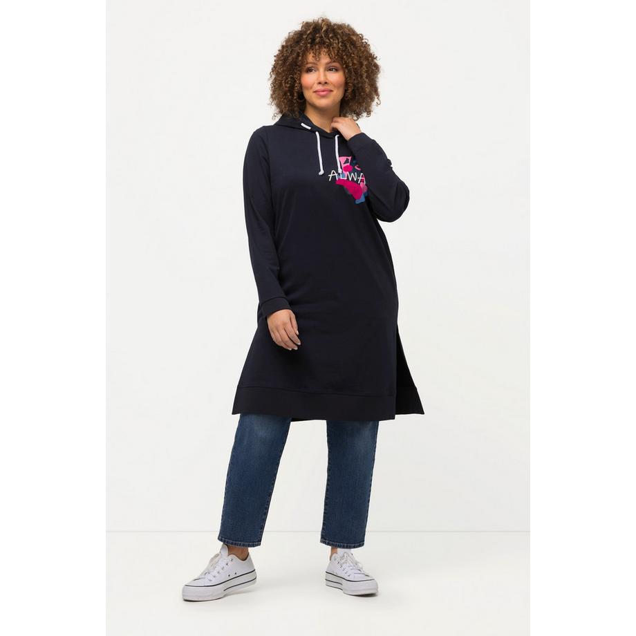 Ulla Popken Maglia lunga con cappuccio stampa grafica e spacchetti laterali  