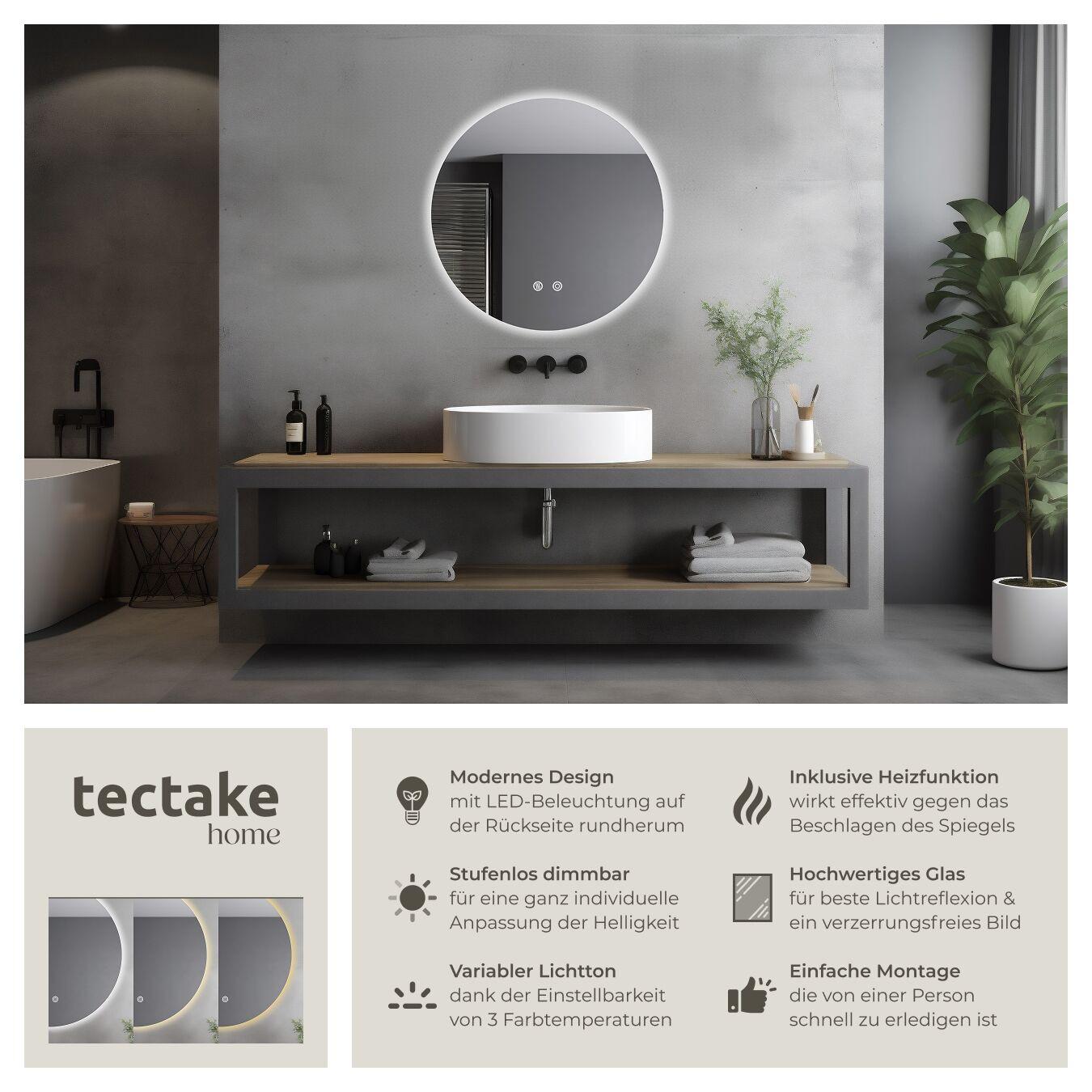 Tectake Specchio da bagno a LED rotondo Aurora design senza cornice in 3 dimensioni  