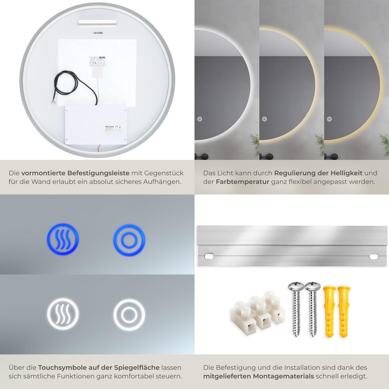 Tectake Specchio da bagno a LED rotondo Aurora design senza cornice in 3 dimensioni  