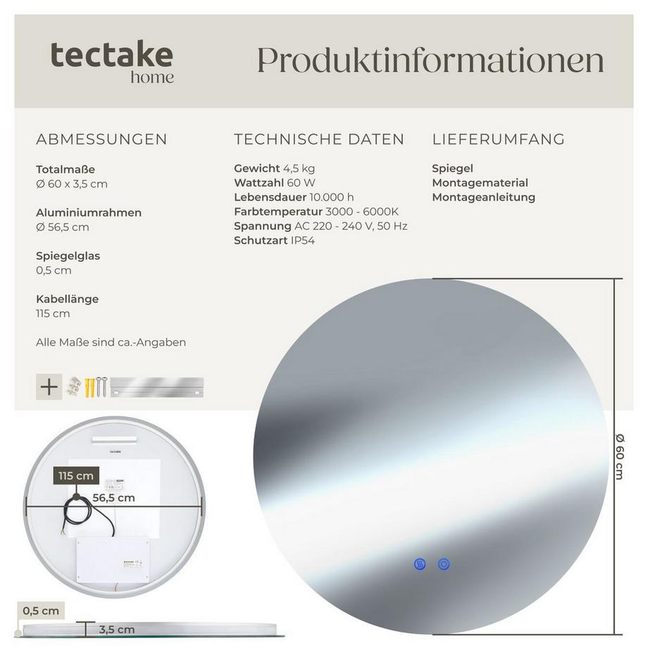 Tectake Runder LED Badezimmerspiegel Aurora rahmenloses Design in 3 Größen dimmbare Beleuchtung in 3 Lichtfarben  