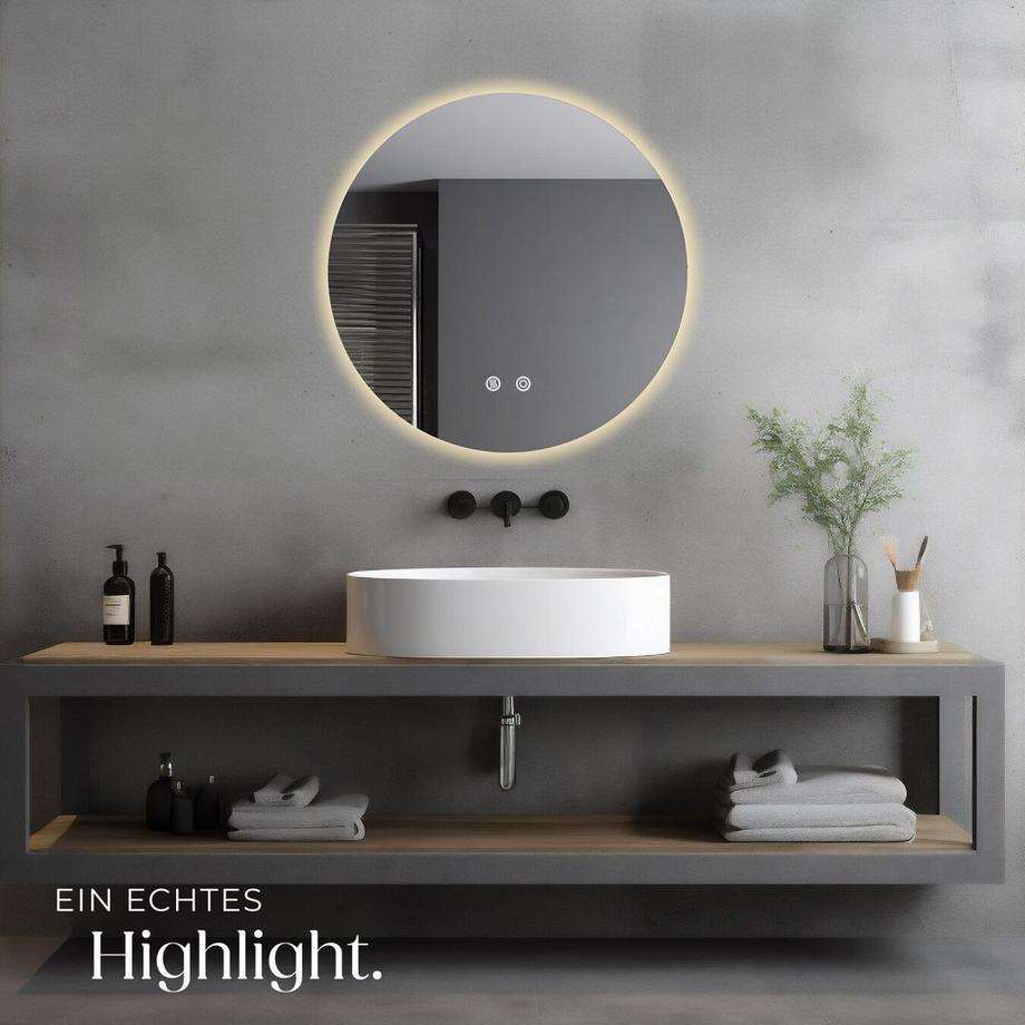 Tectake Runder LED Badezimmerspiegel Aurora rahmenloses Design in 3 Größen dimmbare Beleuchtung in 3 Lichtfarben  