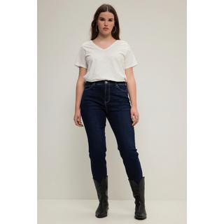 Studio Untold  Jean mom avec coutures colorées et coupe 5 poches. Taille élastique, braguette zippée 